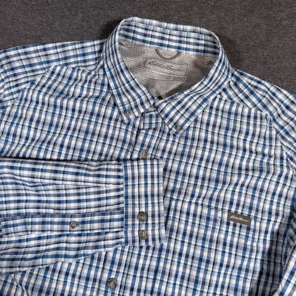 Eddie Bauer Button Down‎ Shirt Mens L Blue Plaid Outdoor Hiking Mesh Vented